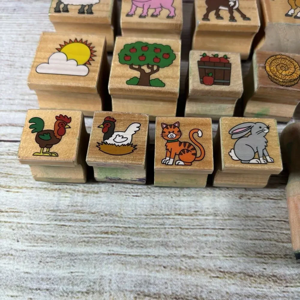 Farmhouse Wooden Rubber Stamp Lot of 17 Barnyard Animals Tractor Scrapbook
